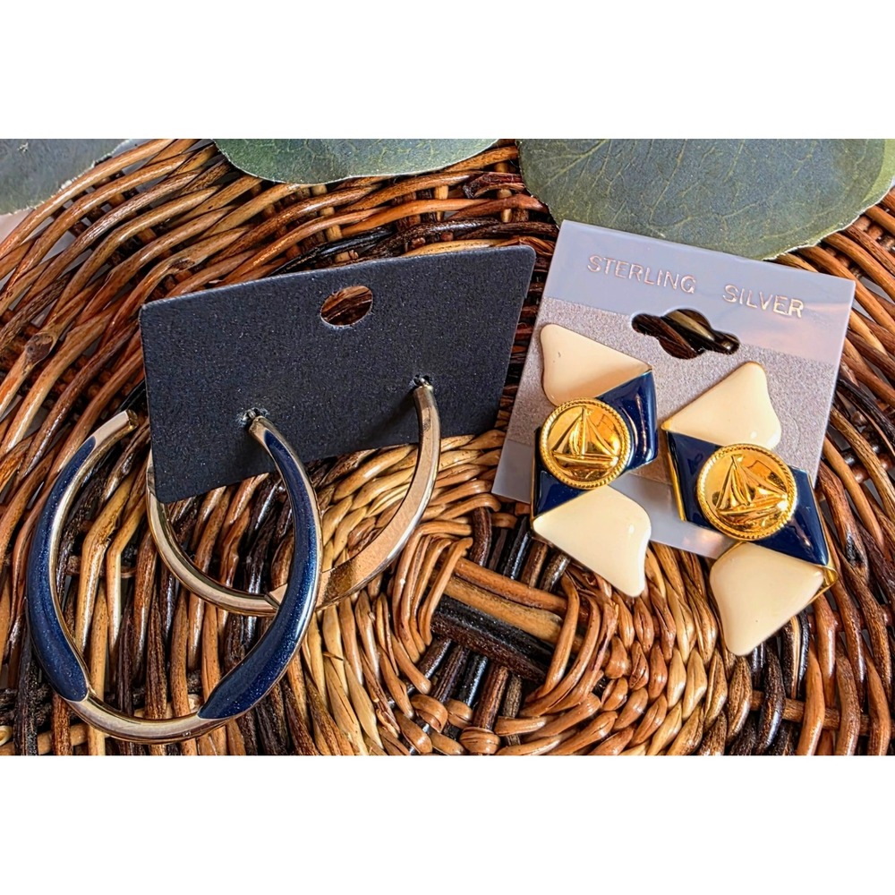 Vintage Nautical Earring‎ Set Sterling Silver Posts Navy Cream Sailboat & Hoops